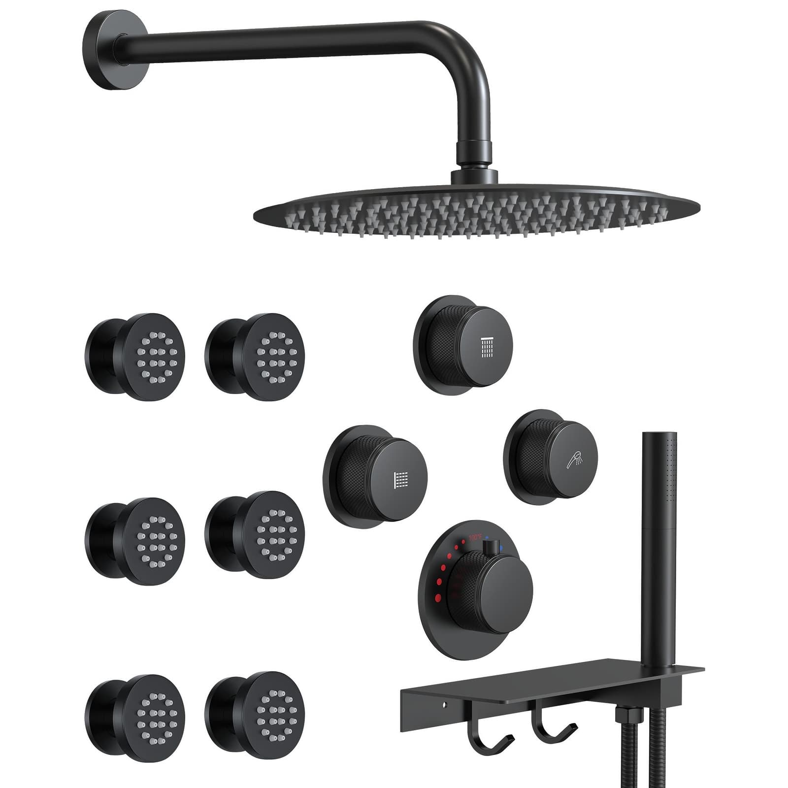 GRANDJOY Thermostatic Shower System, 12" Wall Mount Rainfall Shower